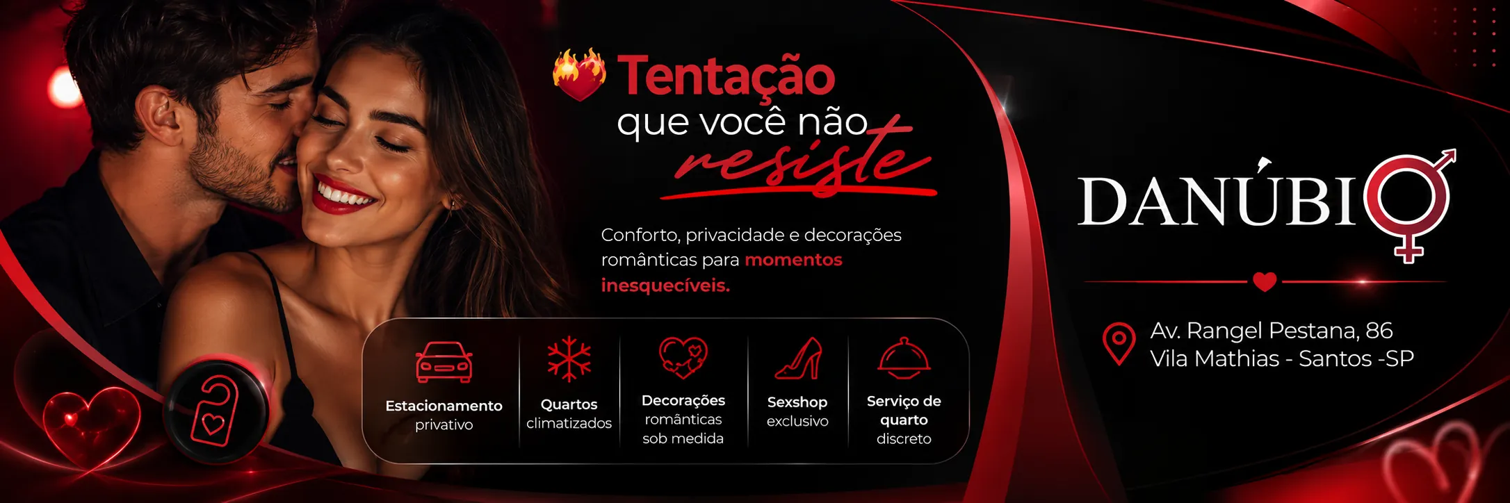 Banner Hotel Danúbio Santos com conforto privacidade decorações românticas e serviço de quarto